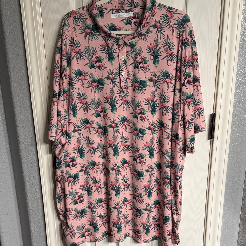 Caribbean Isle Breeze performance pink, flamingos, men’s shirt, golf